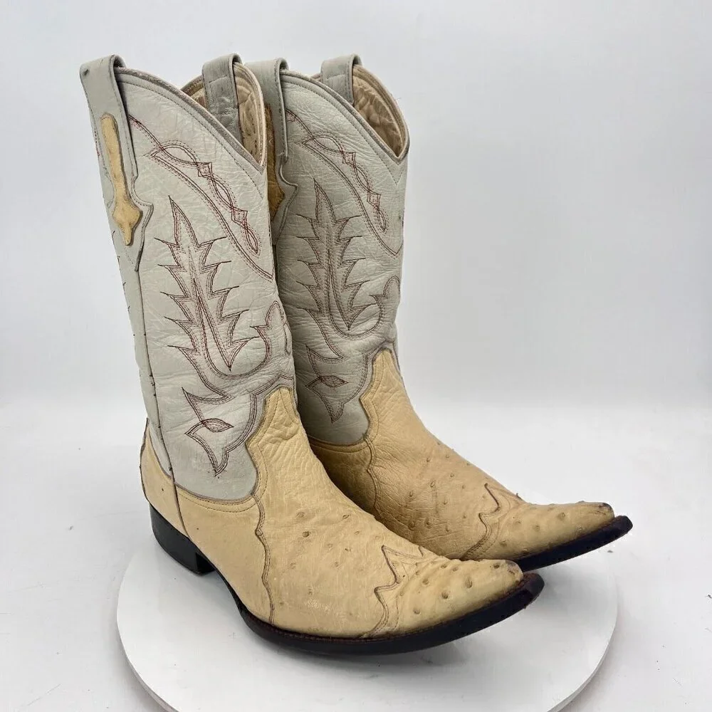 Yoncer Men Size 8 Cream White Leather Pointed Toe Pull On Western Cowboy Boot